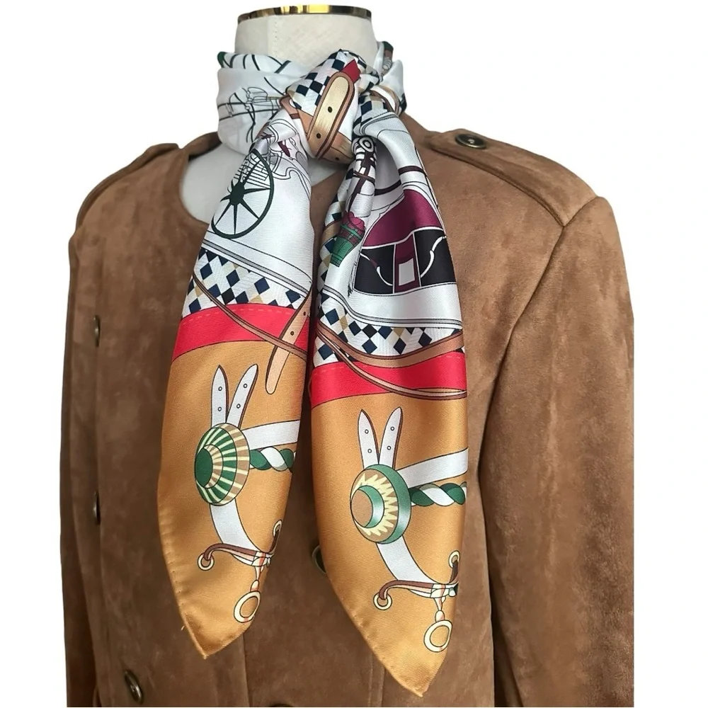 Hermès “Les Voitures Nouvelles” Silk Carré 90 Scarf Gold Brown Red Carriage - Picture 11 of 13